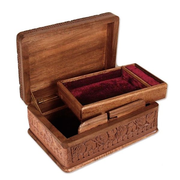 Alternate image for Hand Carved Walnut Wood Jewelry Box Birds in Wonderland