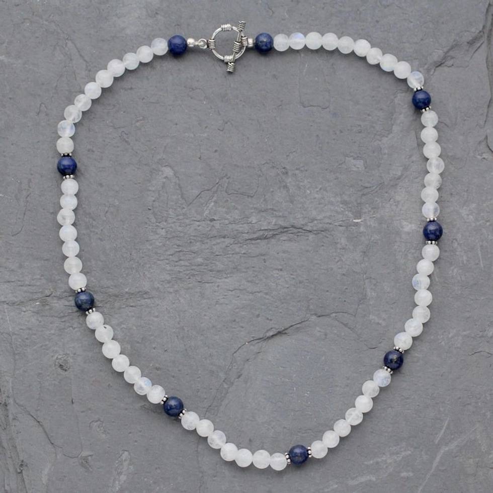 Rainbow Moonstone and Lapis Lazuli Beaded Necklace 'Jaipur Skies'