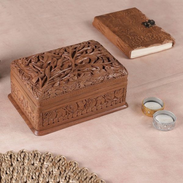 Alternate image for Hand Carved Walnut Wood Jewelry Box Birds in Wonderland