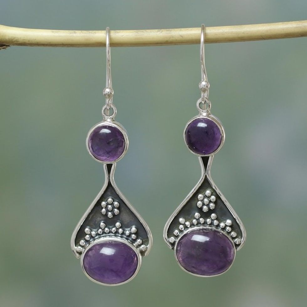 India Floral Jewelry Sterling Silver and Amethyst Earrings 'Mystic Renewal'