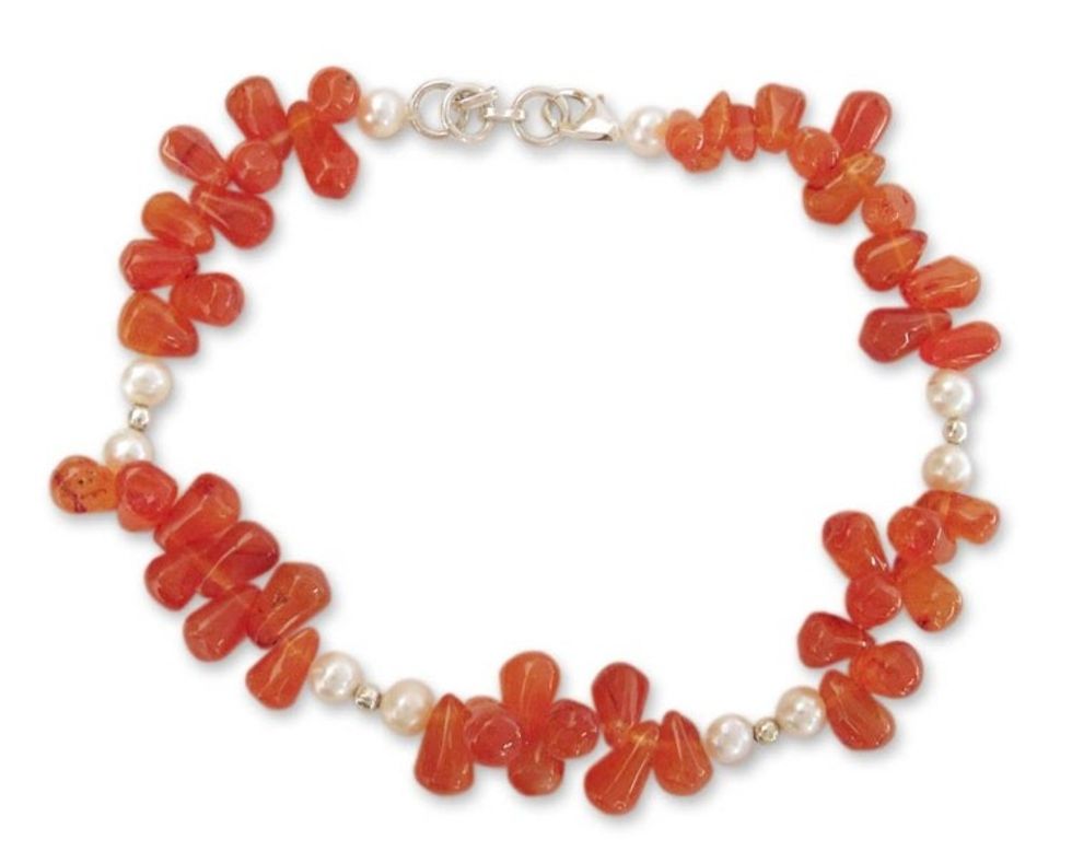 Carnelian and cultured pearl anklet 'Ginger Glow'