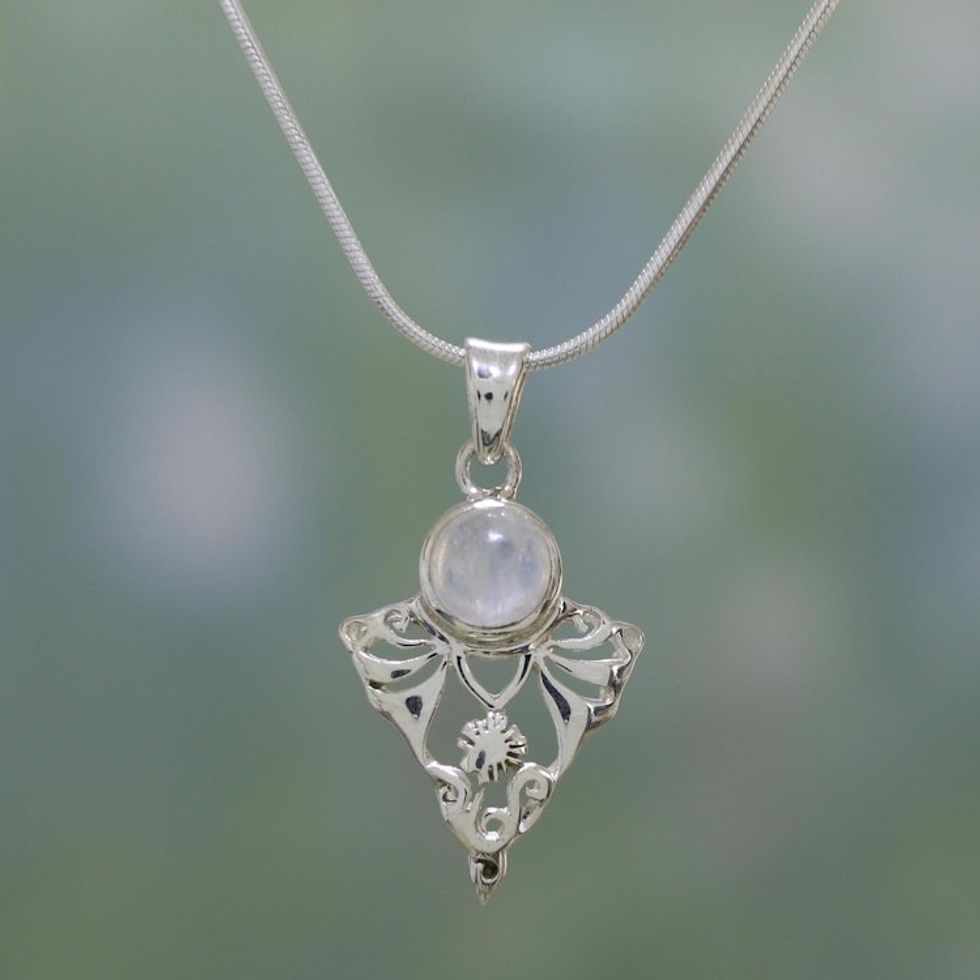 Sterling Silver and Rainbow Moonstone Necklace 'Rainbow Fern'