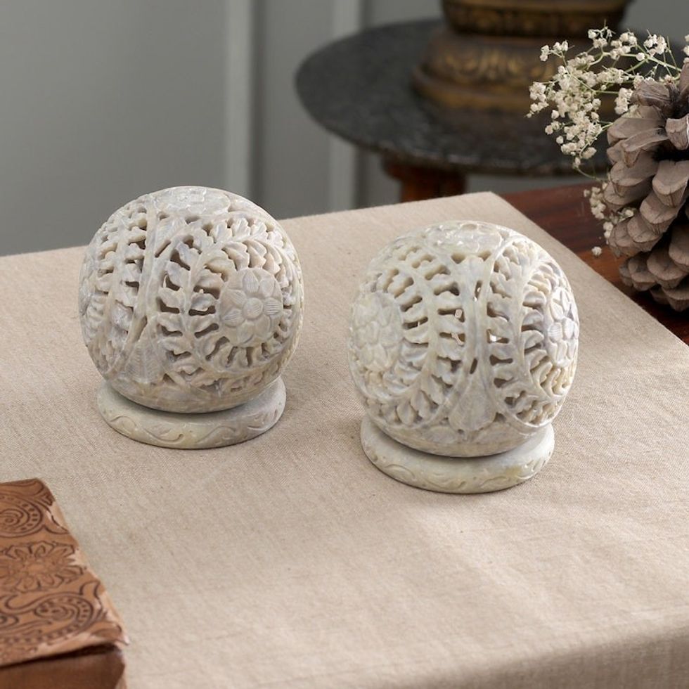 Hand Carved Jali Soapstone Candle Holders Pair 'World is a Flower'