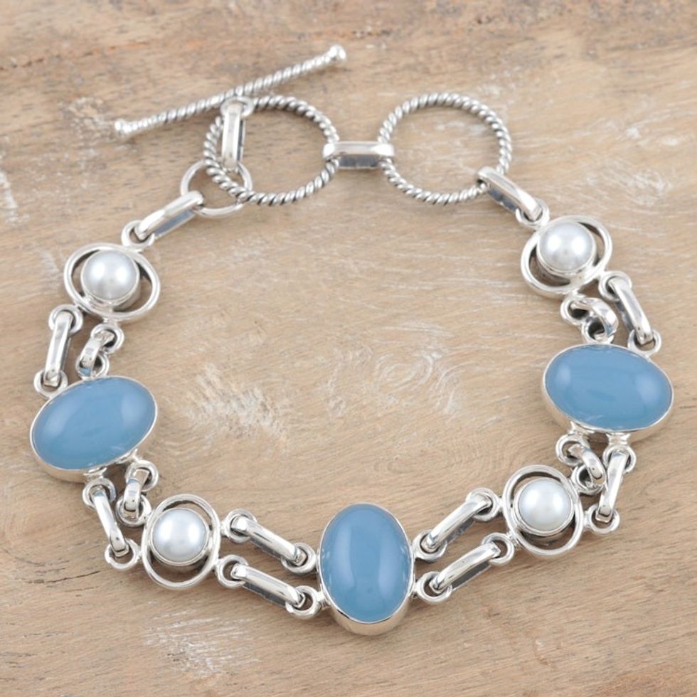 Chalcedony and Pearl Handmade Sterling Silver Link Bracelet 'Jaipur Sky'