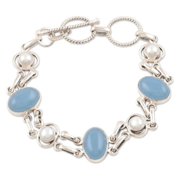 Alternate image for Chalcedony and Pearl Handmade Sterling Silver Link Bracelet Jaipur Sky