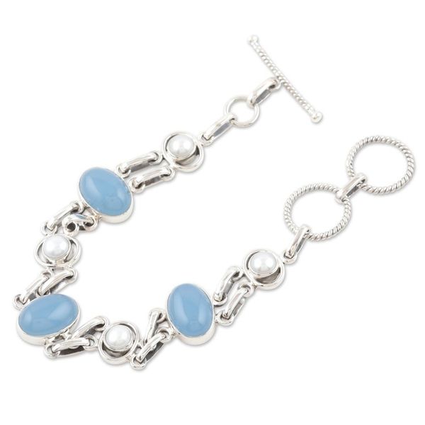 Alternate image for Chalcedony and Pearl Handmade Sterling Silver Link Bracelet Jaipur Sky