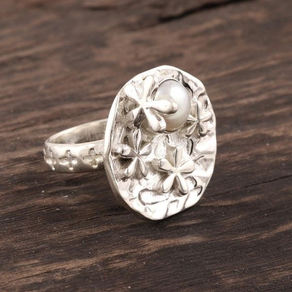 Alternate image for Unique Floral Sterling Silver and Pearl Cocktail Ring Moonlit Splendor