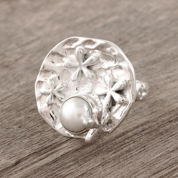 Alternate image for Unique Floral Sterling Silver and Pearl Cocktail Ring Moonlit Splendor