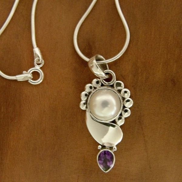 Alternate image for Pearl and Amethyst Pendant on Sterling Silver Necklace Rajasthan Glory