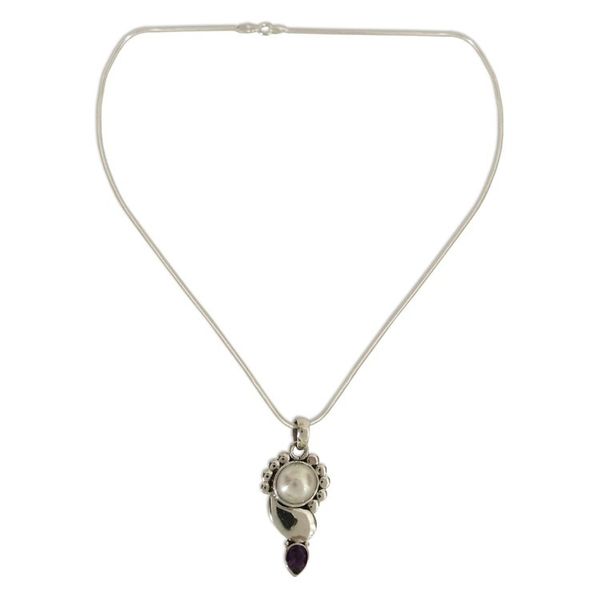 Alternate image for Pearl and Amethyst Pendant on Sterling Silver Necklace Rajasthan Glory
