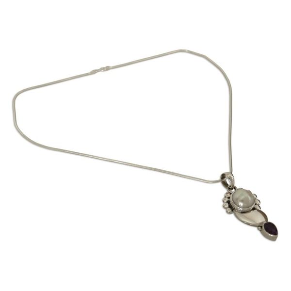 Alternate image for Pearl and Amethyst Pendant on Sterling Silver Necklace Rajasthan Glory