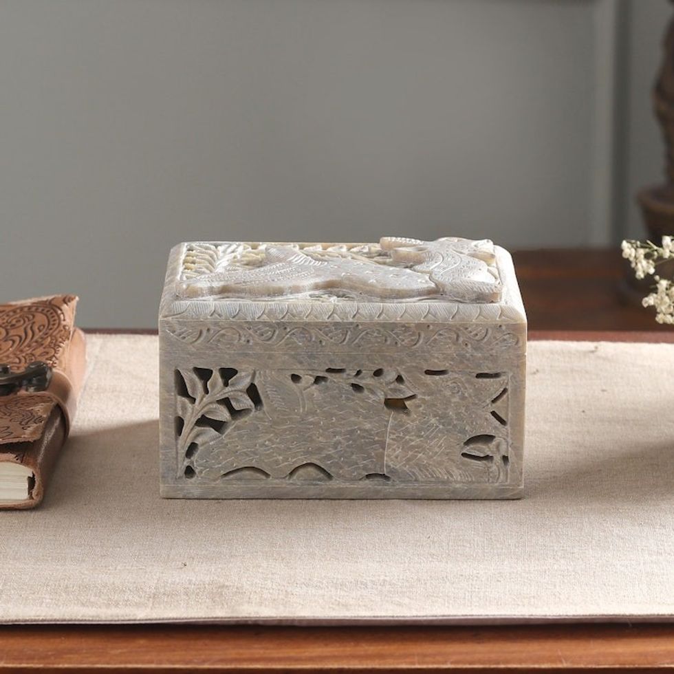 Jali Soapstone Jewelry Box from India 'Winged Dragon'