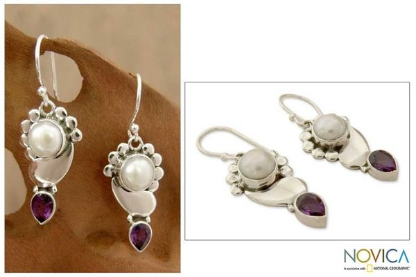 Alternate image for Pearl Earrings with Amethyst and Sterling Silver from India Rajasthan Glory