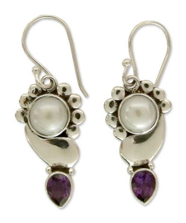 Alternate image for Pearl Earrings with Amethyst and Sterling Silver from India Rajasthan Glory