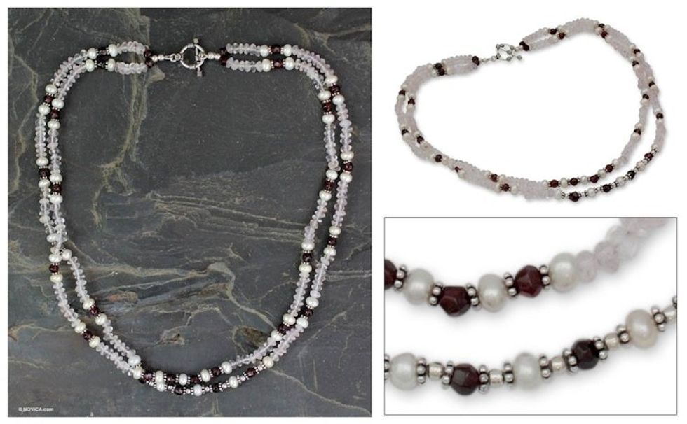 Rose quartz and garnet strand necklace 'All About Love'