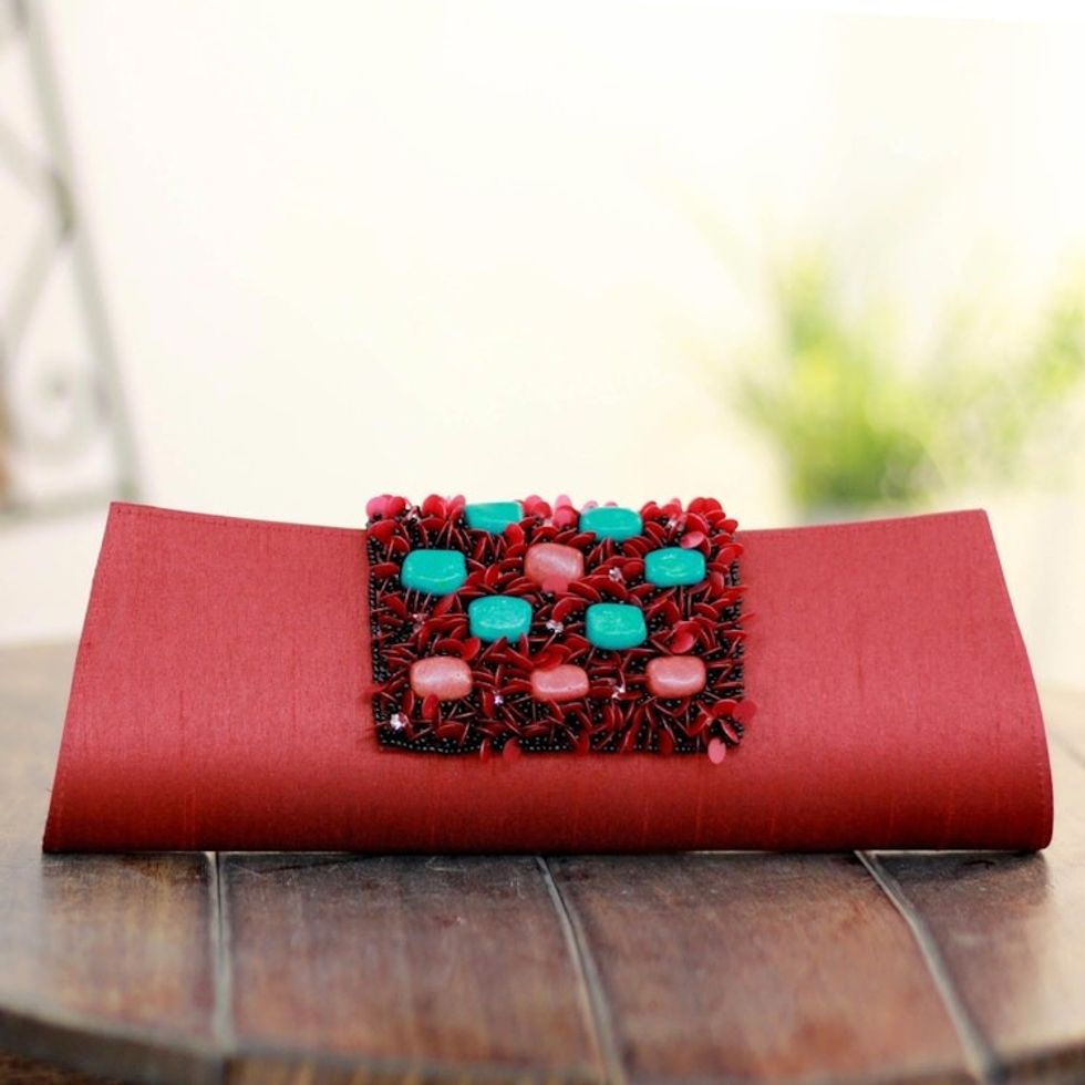 Beaded clutch handbag 'Red Radiance'