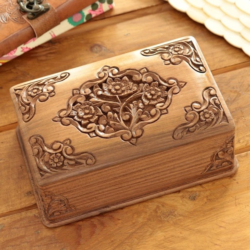 Handcrafted Indian Floral Wood Jewelry Box 'Mesmerizing Bouquets'