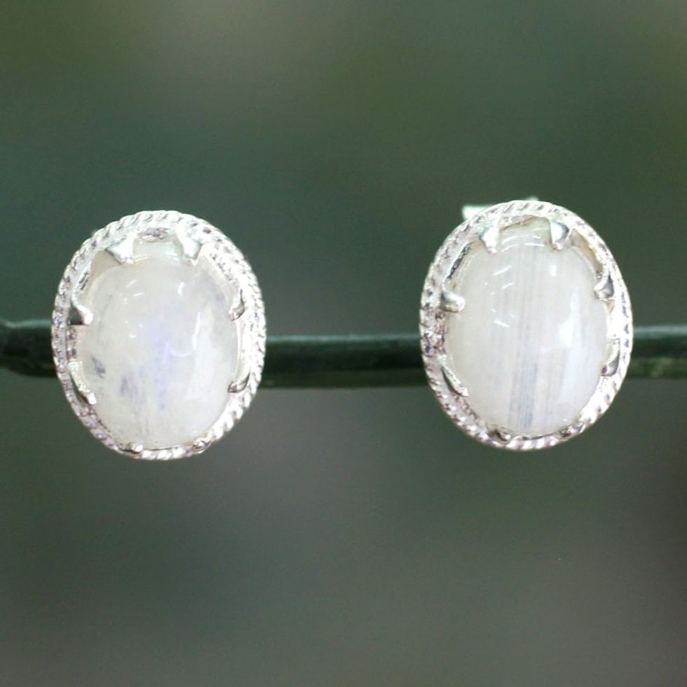 Rainbow Moonstone Stud Earrings 'Morning Frost'