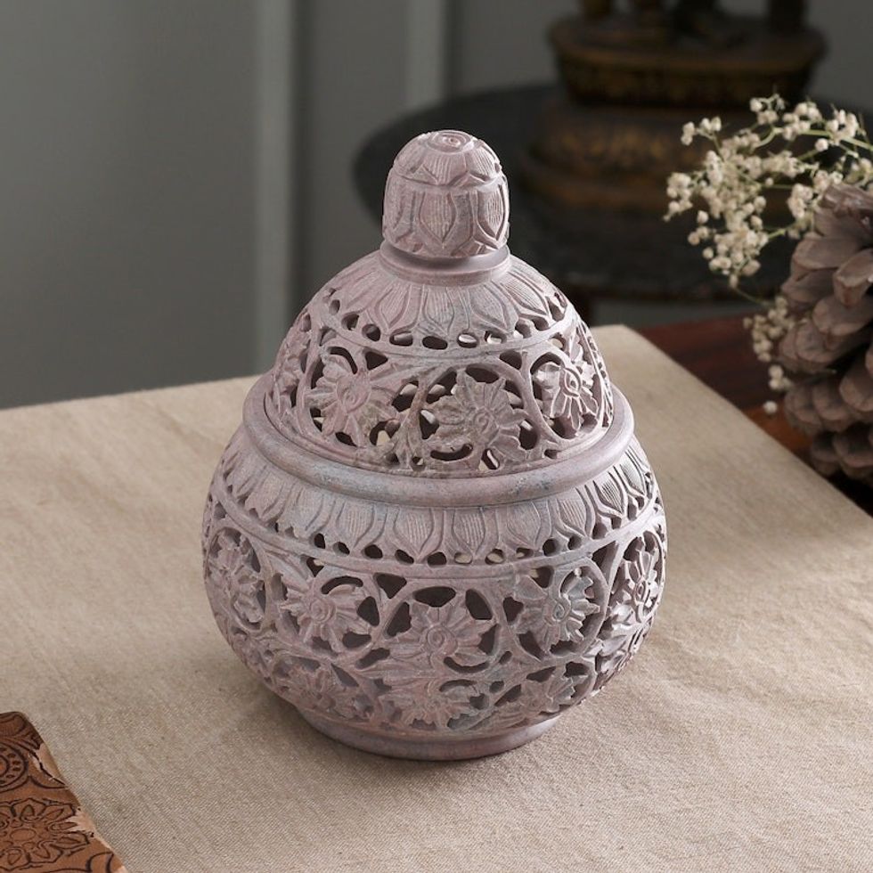Hand Carved Soapstone Decorative Jar from India 'Ivy and Lace'