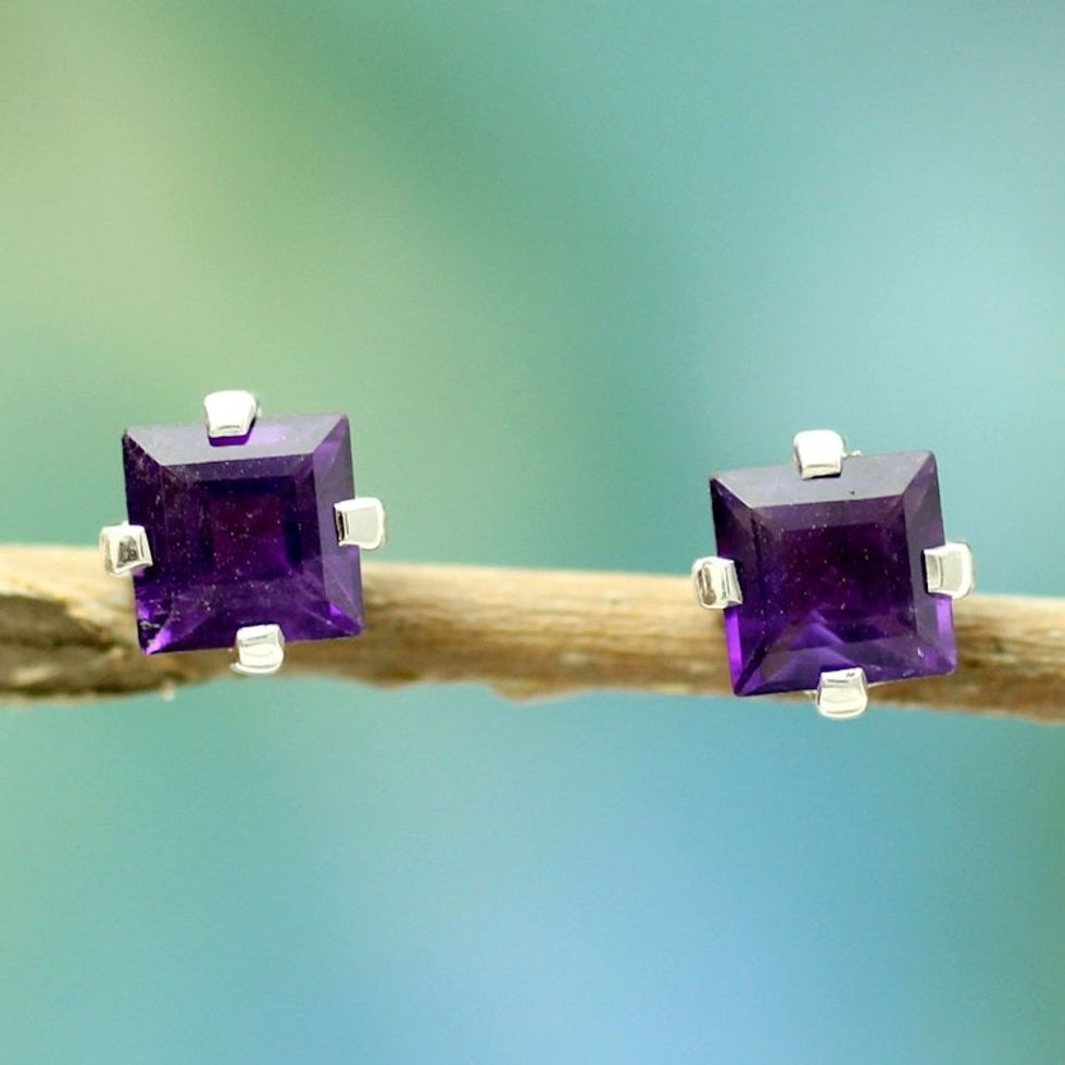 Sterling Silver and Amethyst Stud Earrings 'India Charm'