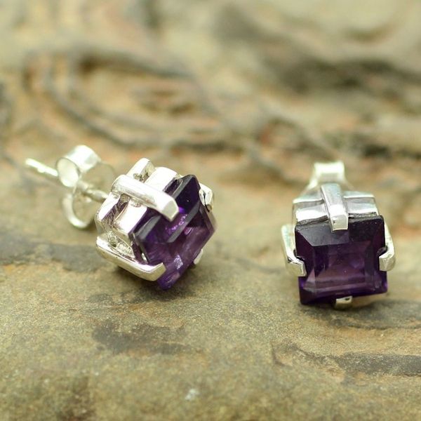 Alternate image for Sterling Silver and Amethyst Stud Earrings India Charm