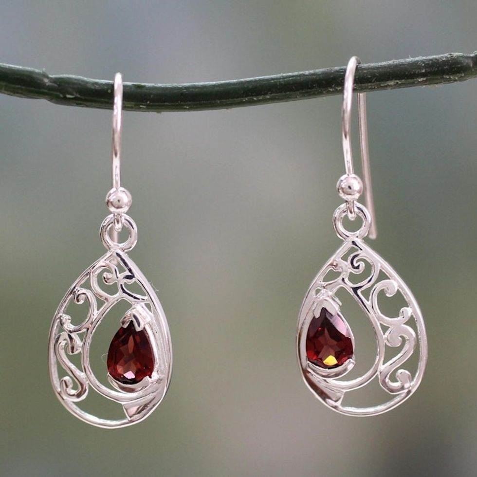 Earrings with Garnet and Sterling Silver Handmade in India 'Lace Halo'