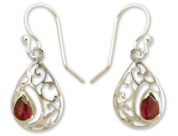 Alternate image for Earrings with Garnet and Sterling Silver Handmade in India Lace Halo