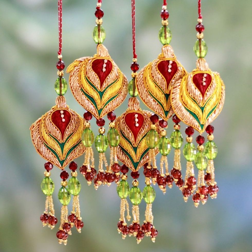 Beaded ornaments Set of 5 'Golden Lotus'