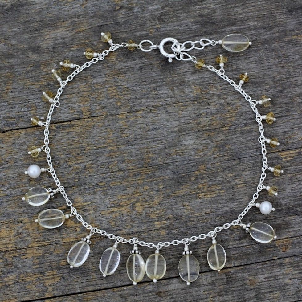 Indian Sterling Silver Pearl and Citrine Anklet 'Light of Kanpur'