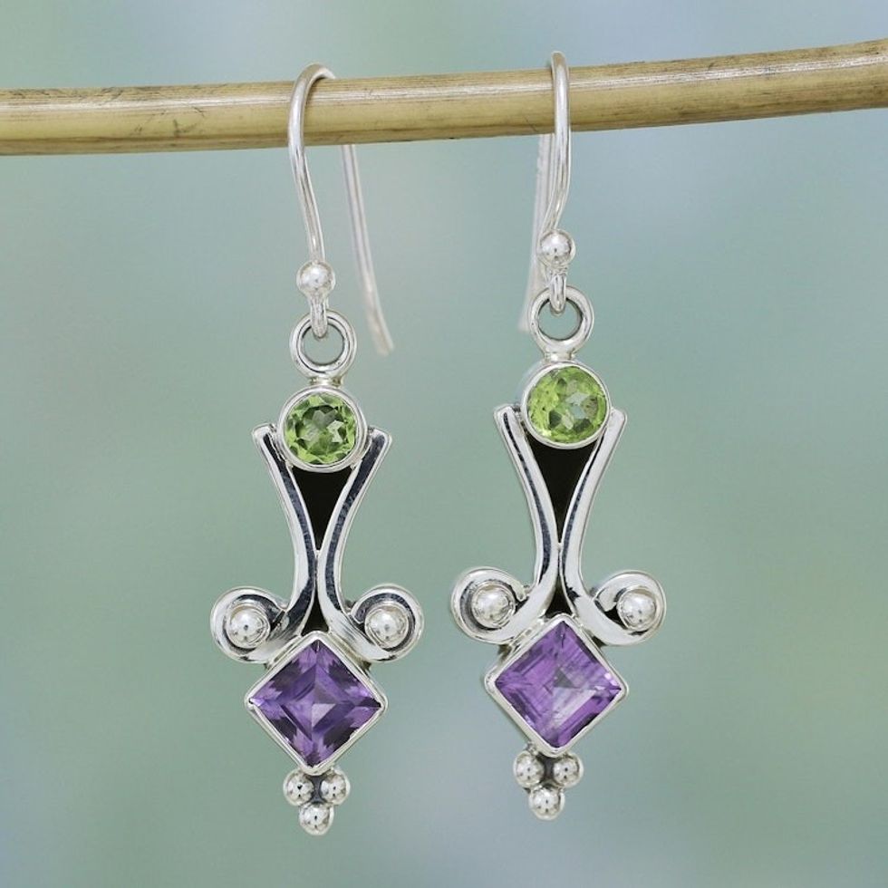 Sterling Silver Peridot and Amethyst Earrings from India 'Wellspring of Happiness'