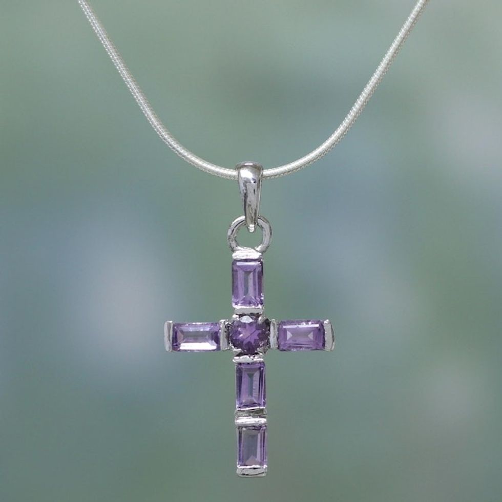 Amethyst Cross on Sterling Silver Necklace Religious Jewelry 'Lilac Cross'