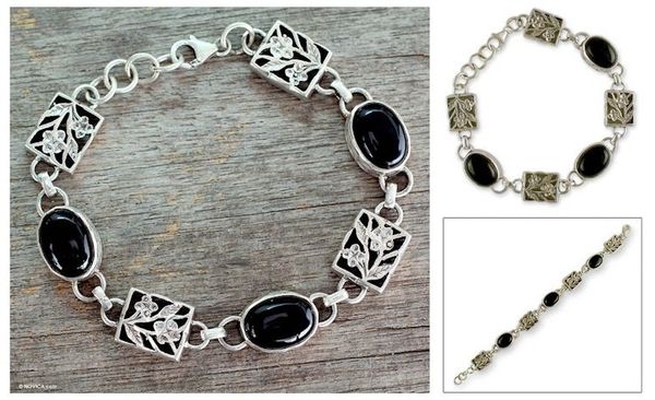 Alternate image for Artist Sterling Silver and Onyx Bracelet India Jewelry Summer Night