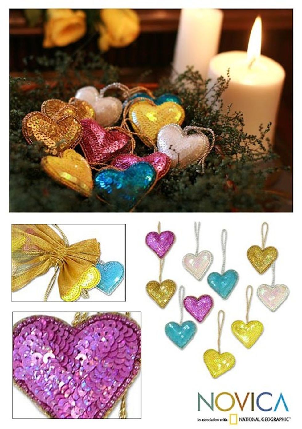 Indian Hand Made Heart Shaped Ornaments Set of 10 'Sparkling Hearts'