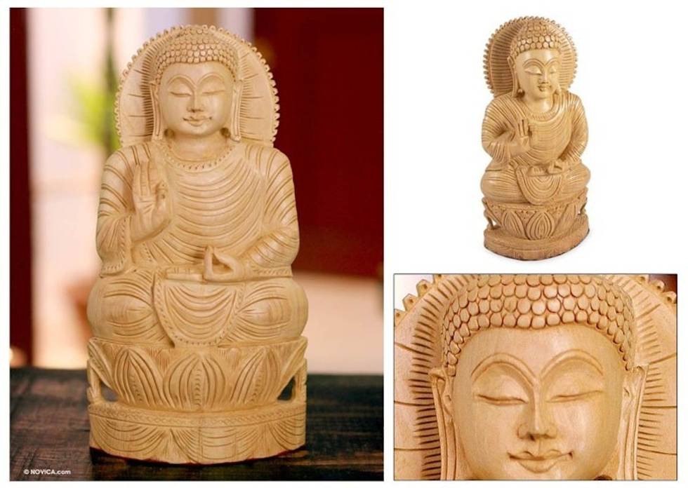 Artisan Crafted Buddhism Wood Sculpture 'Serene Lord Buddha'