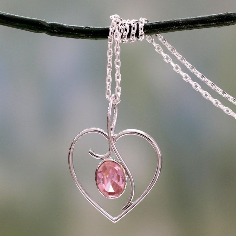 Heart Jewelry Necklace in Sterling Silver and Pink CZ 'Pink Romance'