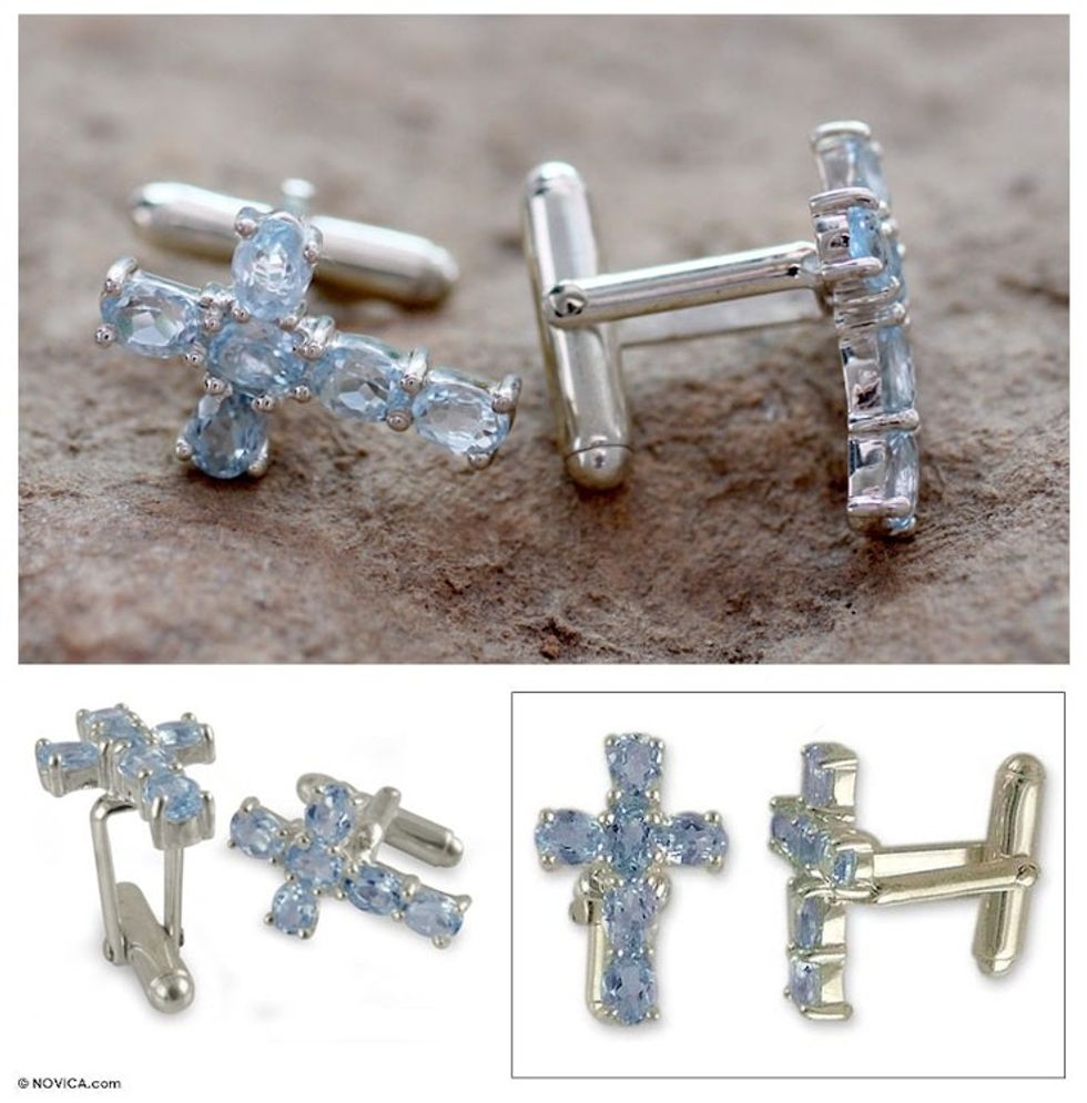 Men's Cufflinks Sterling Silver Blue Topaz Cross Jewelry 'Celestial Cross'