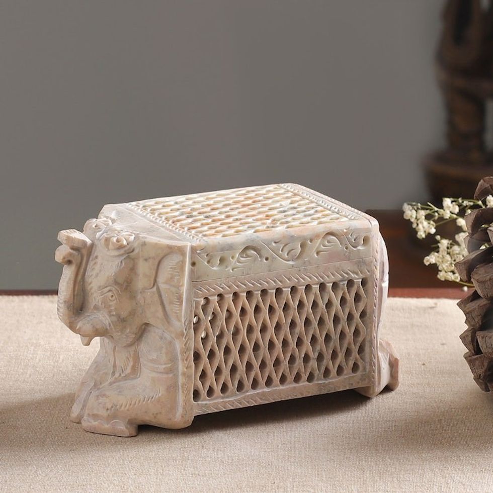 Hand Carved Soapstone Jewelry Box 'White Elephant Treasure'