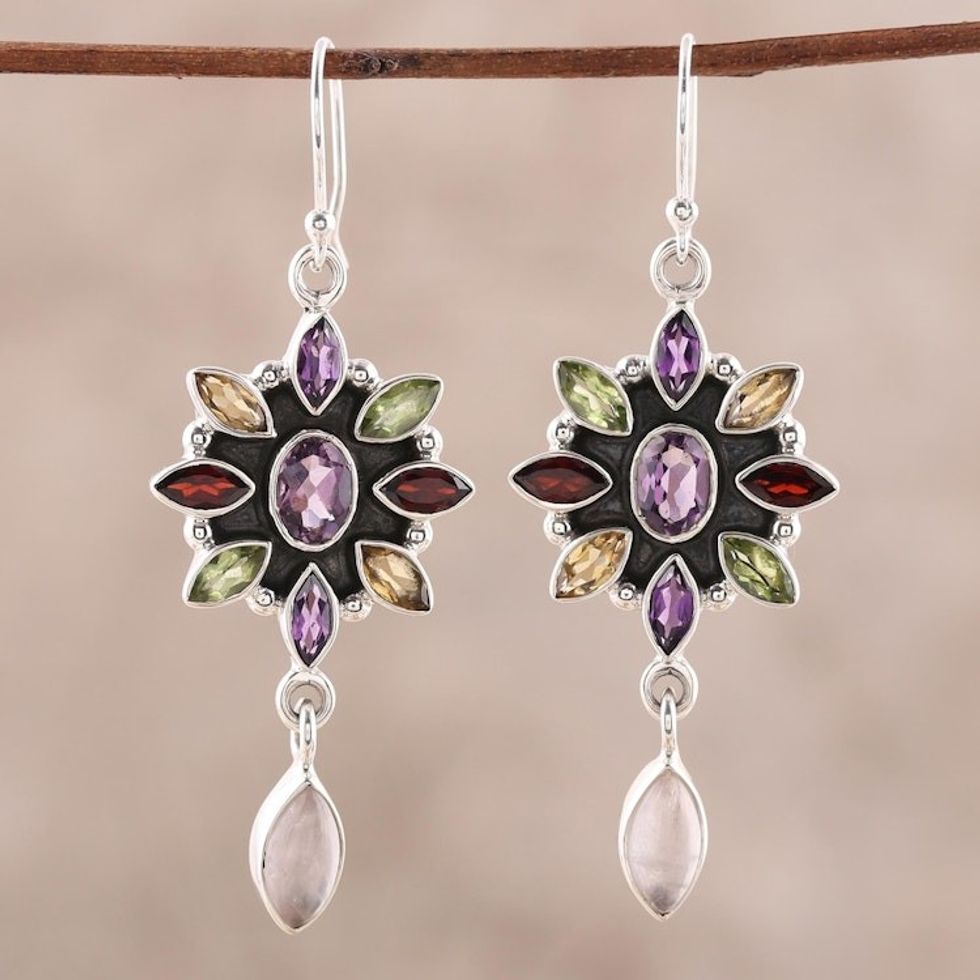 Floral Multigem Dangle Earrings from India 'Precious Petals'