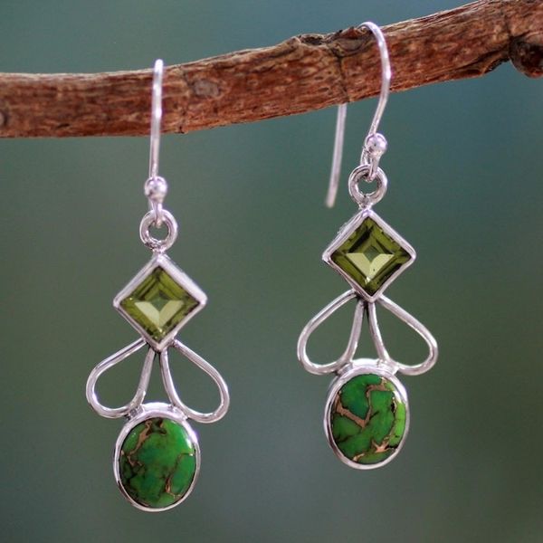 Alternate image for Peridot Comp Turquoise and Silver Artisan Crafted Earrings Bollywood Green
