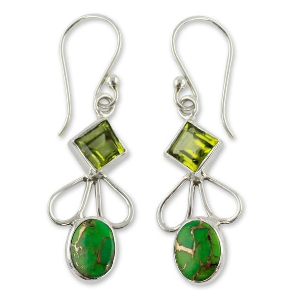Alternate image for Peridot Comp Turquoise and Silver Artisan Crafted Earrings Bollywood Green