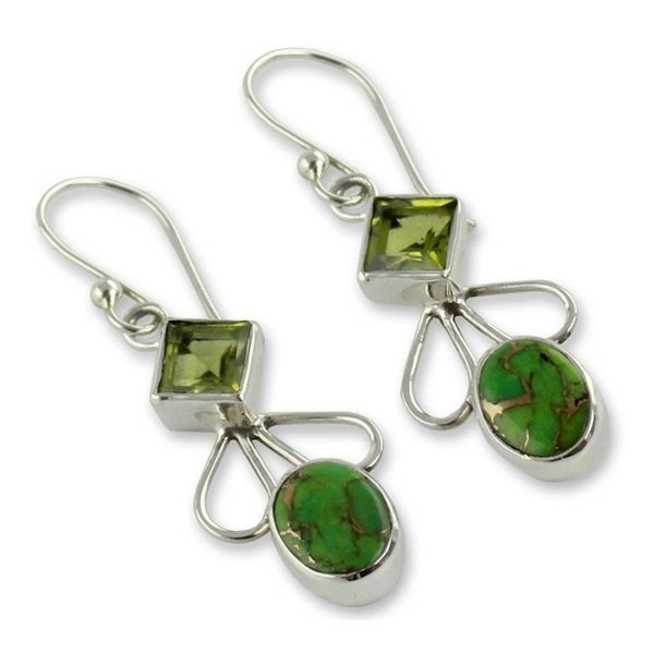 Alternate image for Peridot Comp Turquoise and Silver Artisan Crafted Earrings Bollywood Green
