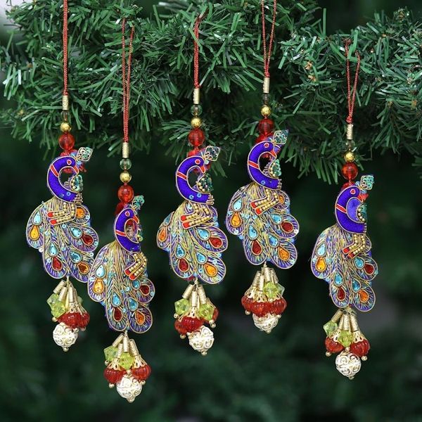 Alternate image for Handcrafted Hand Beaded Christmas Ornaments Set of 5 Mughal Peacocks