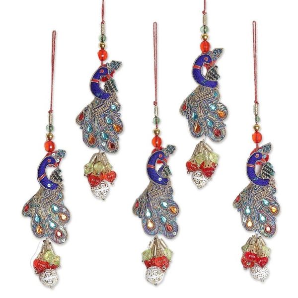 Alternate image for Handcrafted Hand Beaded Christmas Ornaments Set of 5 Mughal Peacocks