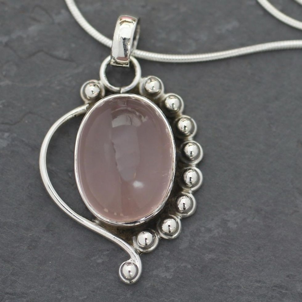 Handcrafted Sterling Silver and Rose Quartz Necklace 'Delhi Romance'