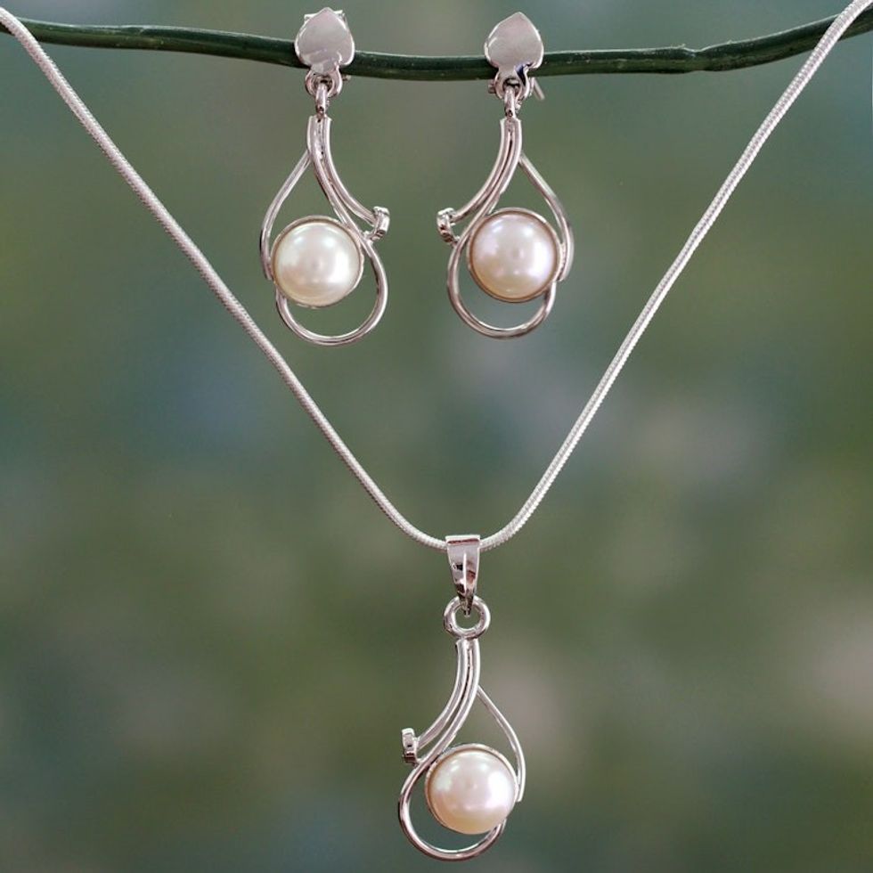 Bridal Pearl Jewelry Set Sterling Silver Necklace Earrings 'Lunar Magic'