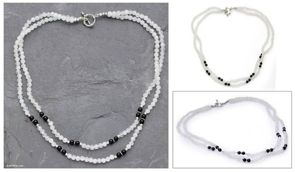 Alternate image for Rainbow Moonstone and Onyx strand necklace Chennai Nights