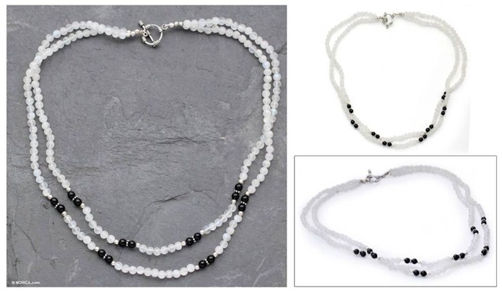 Rainbow Moonstone and Onyx strand necklace 'Chennai Nights'