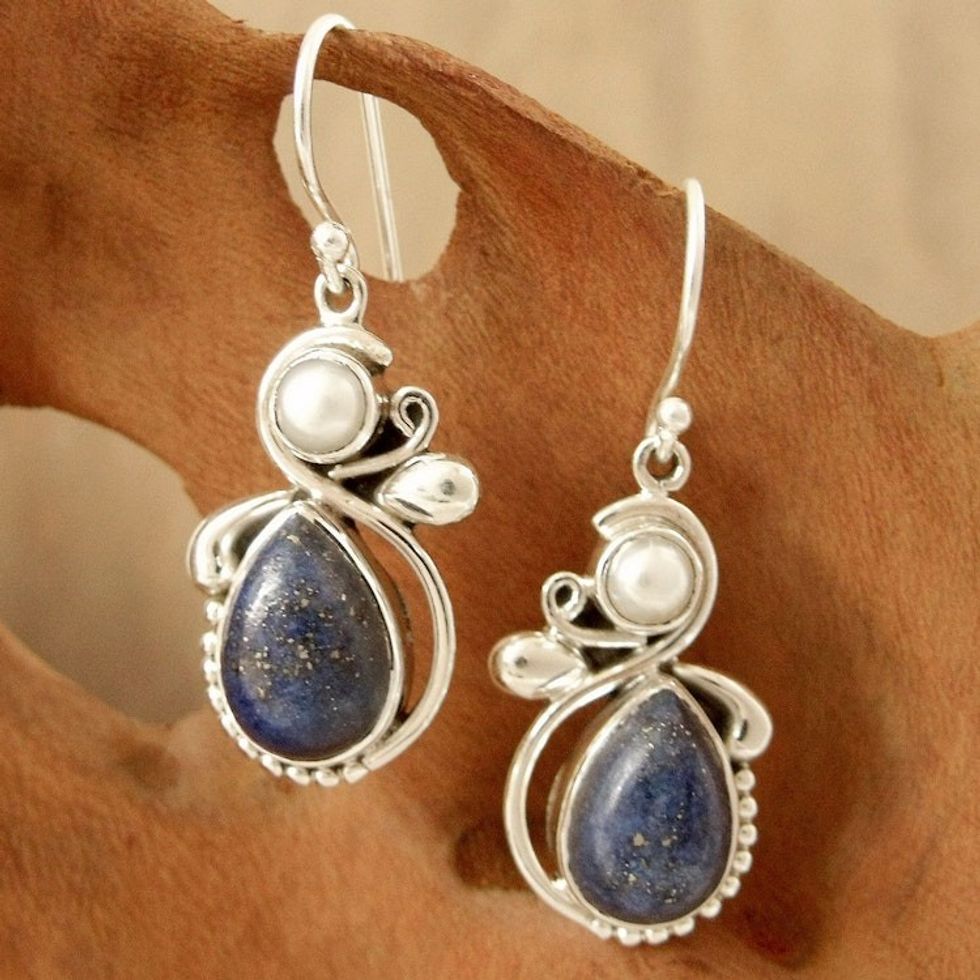 Women's Lapis Lazuli Pearl and Sterling Silver Earrings 'Blue Midnight'