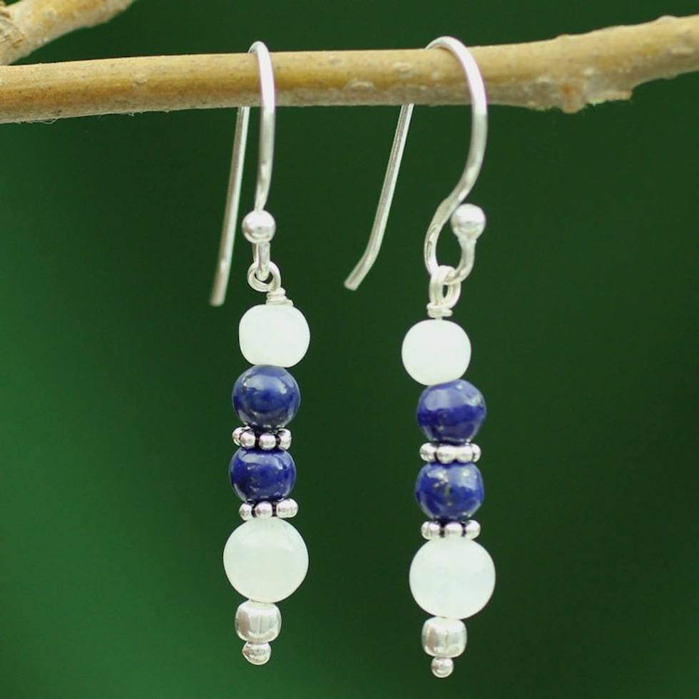 Rainbow Moonstone and Lapis Lazuli Dangle Earrings 'Gujarat Skies'