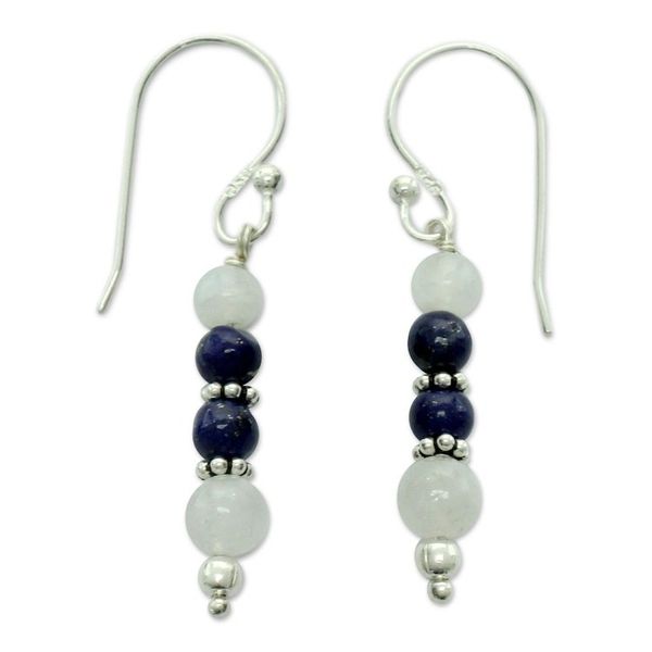 Alternate image for Rainbow Moonstone and Lapis Lazuli Dangle Earrings Gujarat Skies